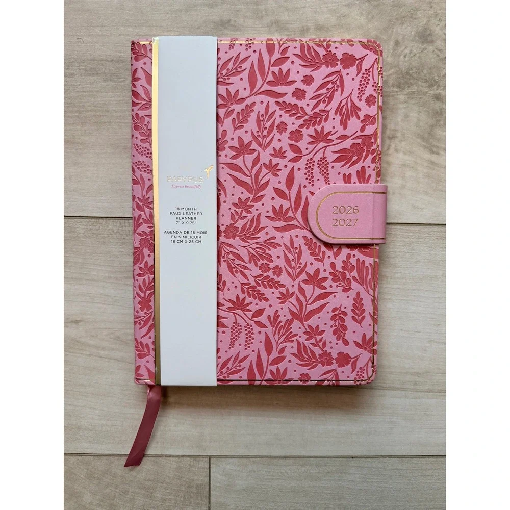 Papyrus 2026-2027 18-Month Faux Leather Planner Pink Floral Gold Leaf Edge NWT